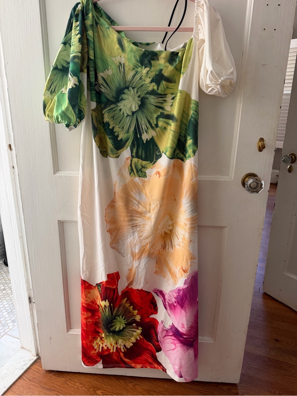 One-Shoulder Floral Maxi Dress in Green, Yellow, Red and Pink